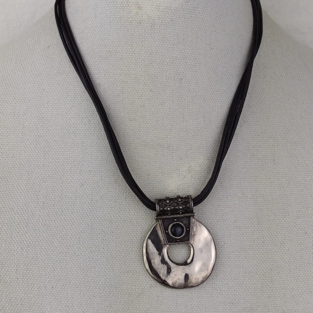 Chico's Black Leather Cord Mixed Metal Silver Bronze & Black Pendant Necklace